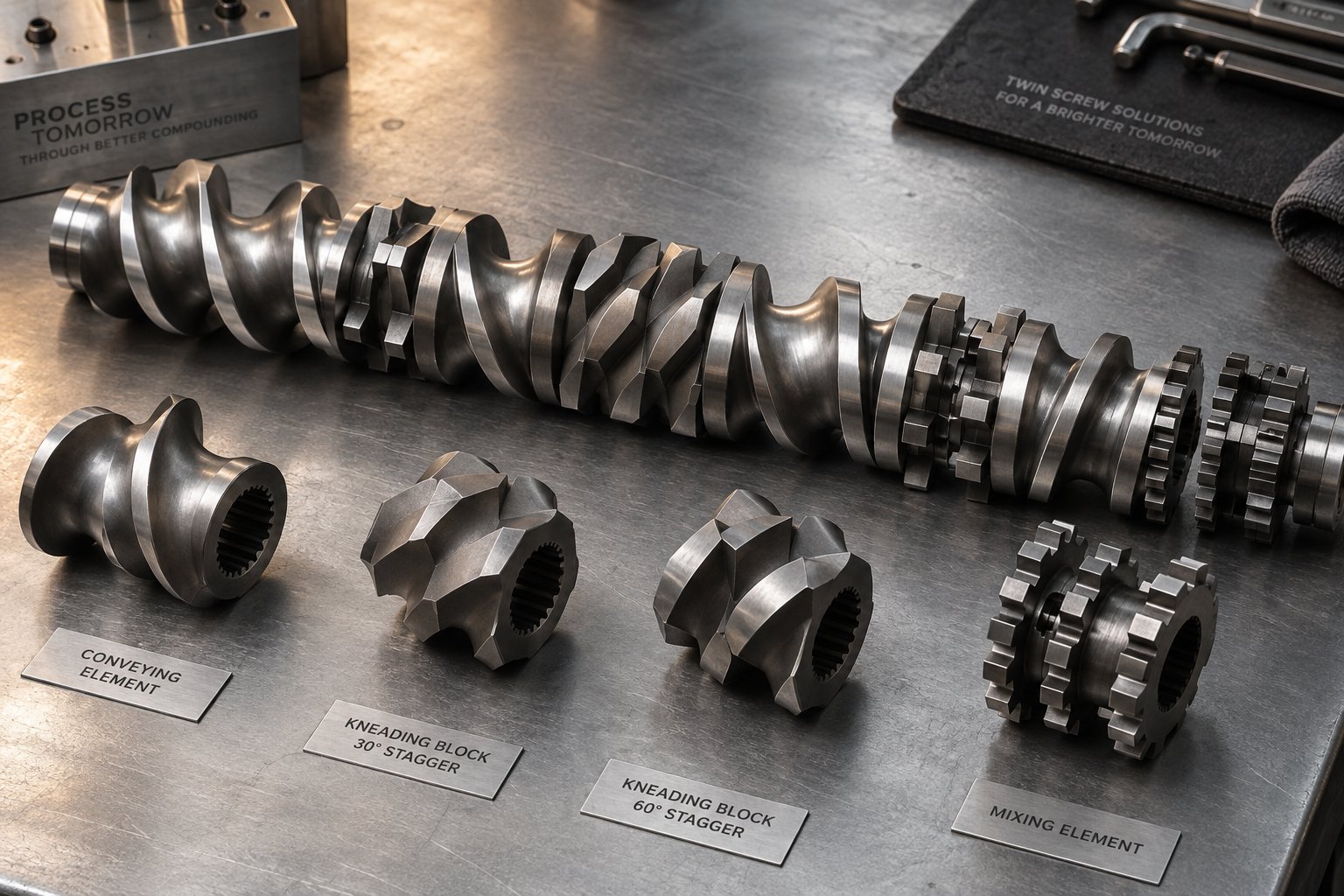 modular twin screw elements including conveying sections kneading blocks and mixing elements arranged for a recycling screw profile