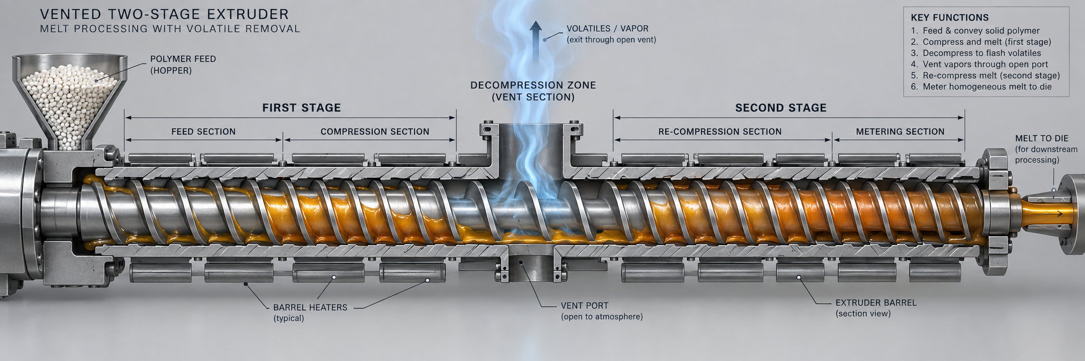vented two stage extruder screw architecture showing decompression zone and barrel vent port for devolatilization