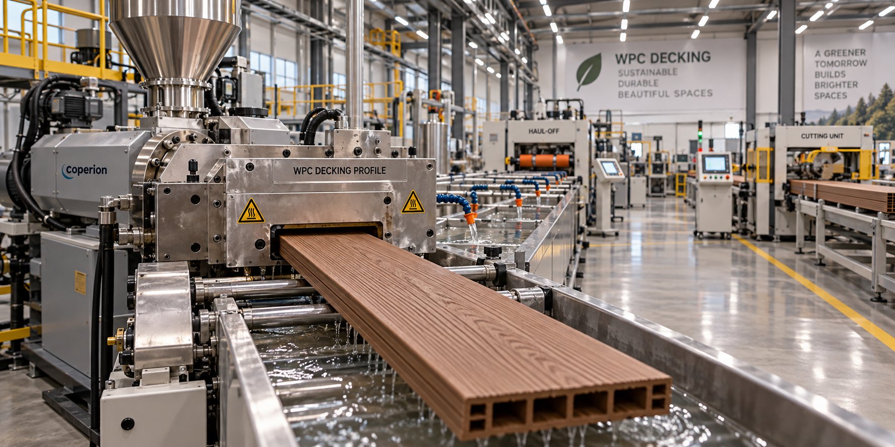a complete wpc decking extrusion line transforming raw composite material into finished decking boards