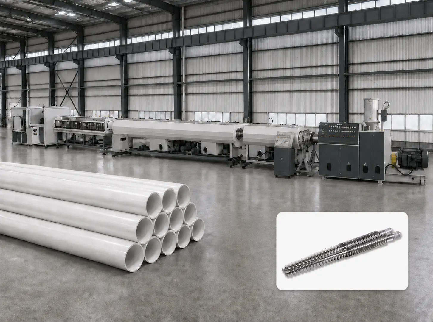 PVC pipe extrusion line with finished white PVC pipes and a conical twin screw barrel assembly