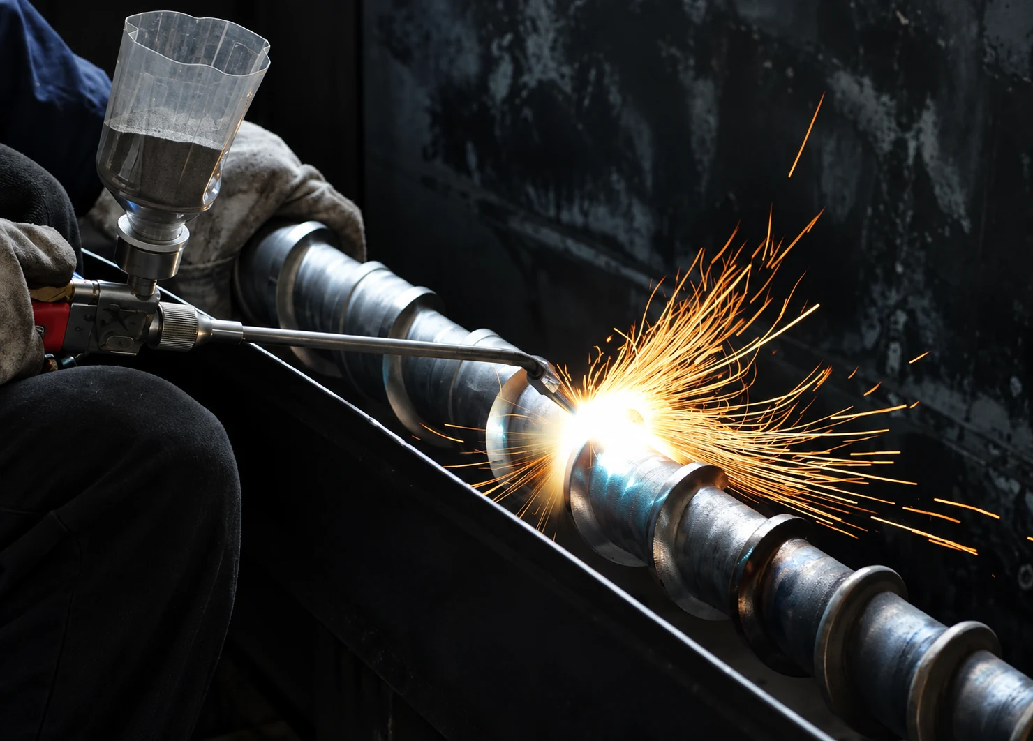 Close-up of industrial extruder screw with alloy spray welded surface