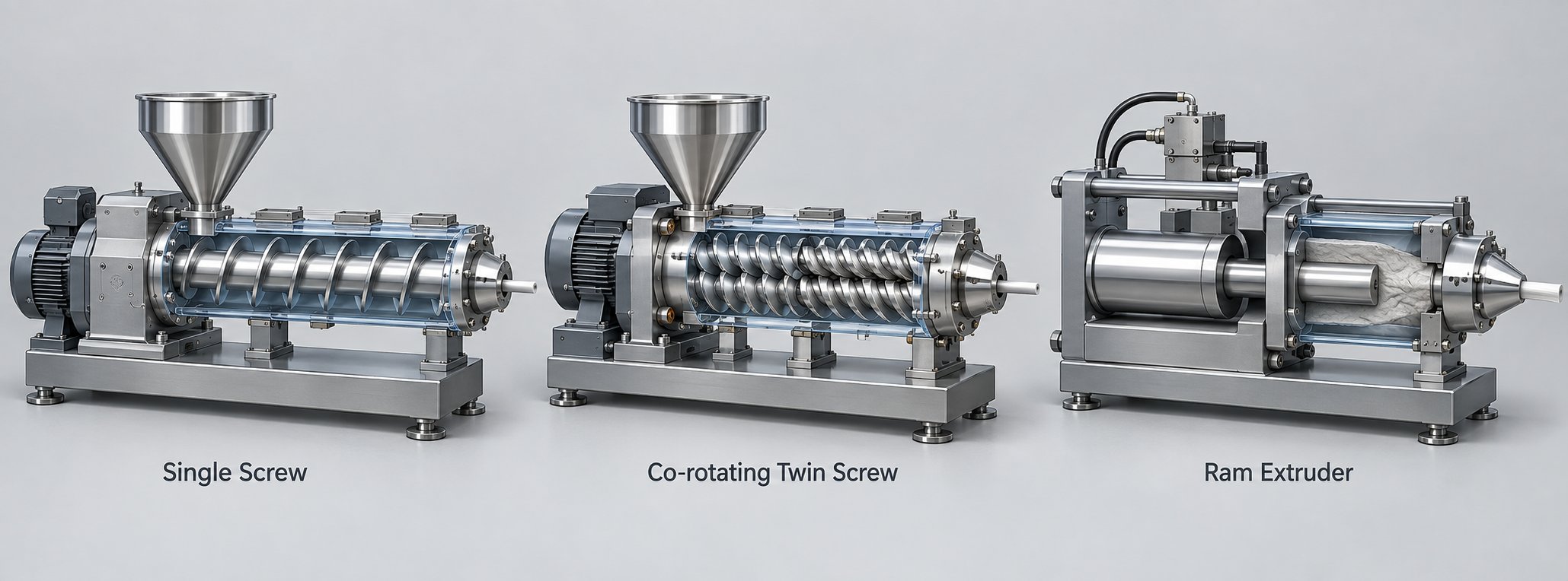 visual comparison of single screw twin screw and ram extruder configurations highlighting their distinct screw designs