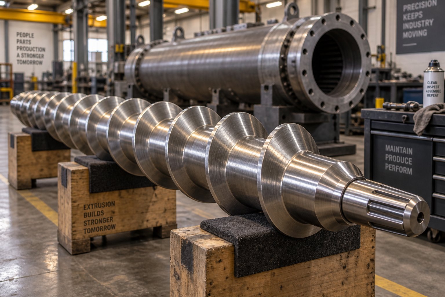 precision machined extruder screw prepared for installation during a scheduled replacement procedure