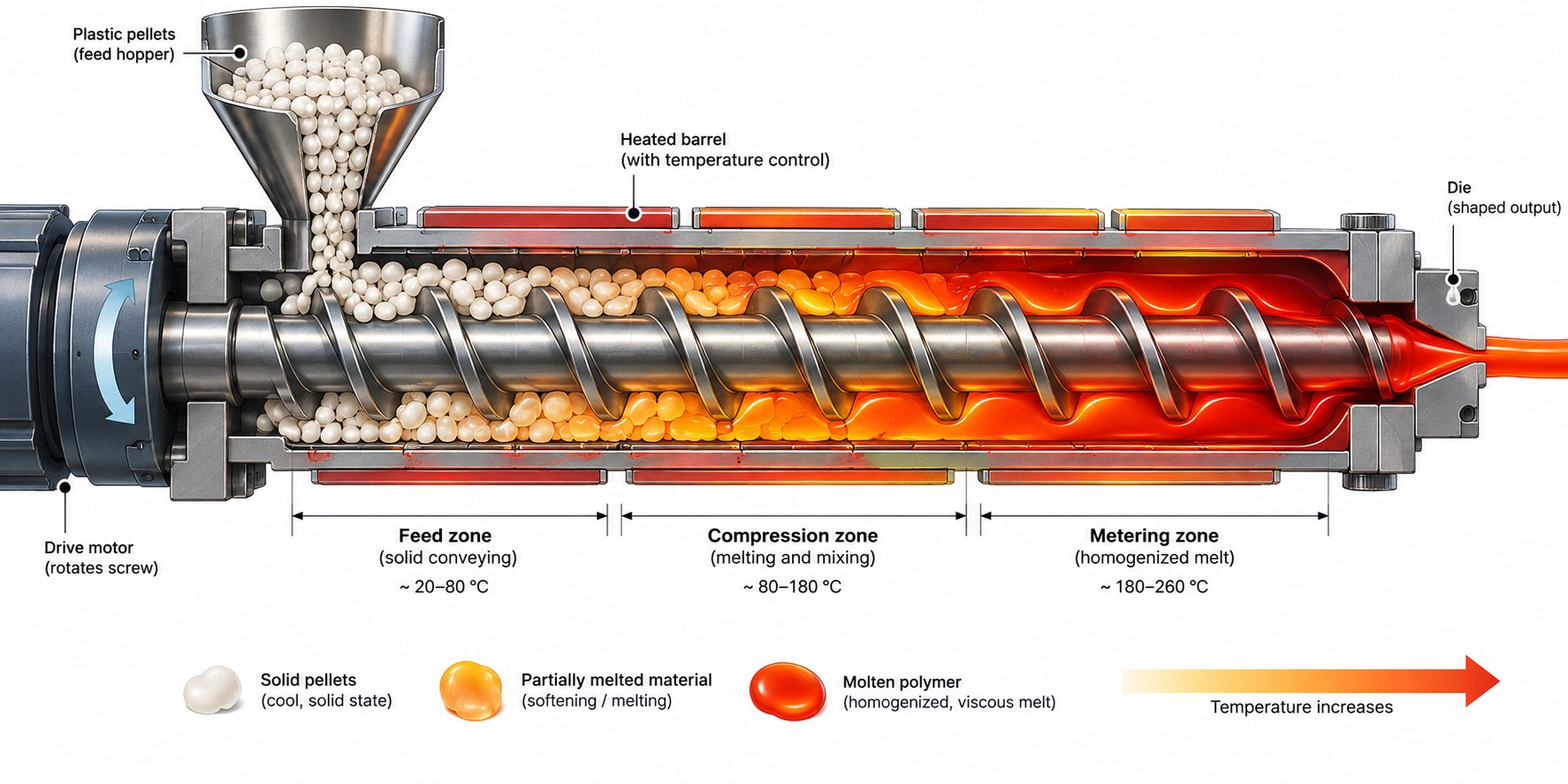 cutaway view of a single screw extruder showing the feed compression and metering zones during plasticization