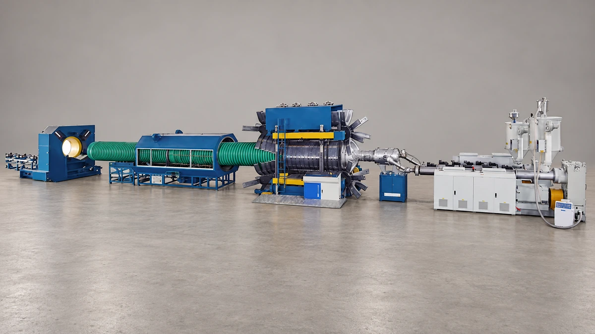 Pipe-processing equipment line with blue corrugating units, a green pipe section and white extrusion equipment