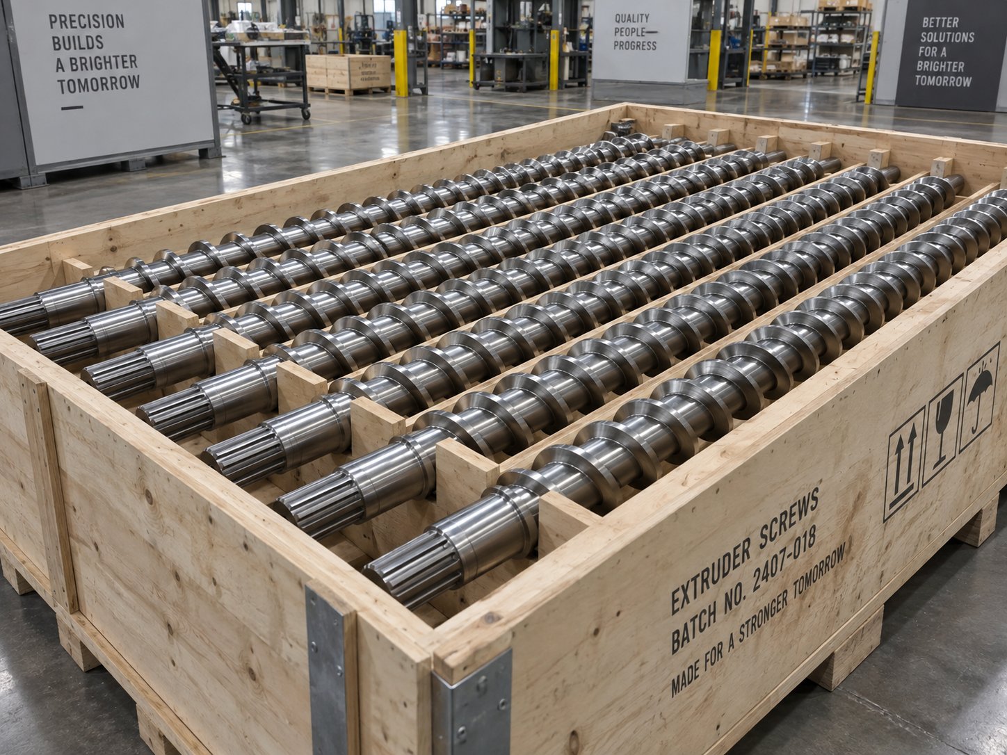 batch of identical extruder screws prepared for shipment bulk orders significantly reduce per unit manufacturing and setup costs