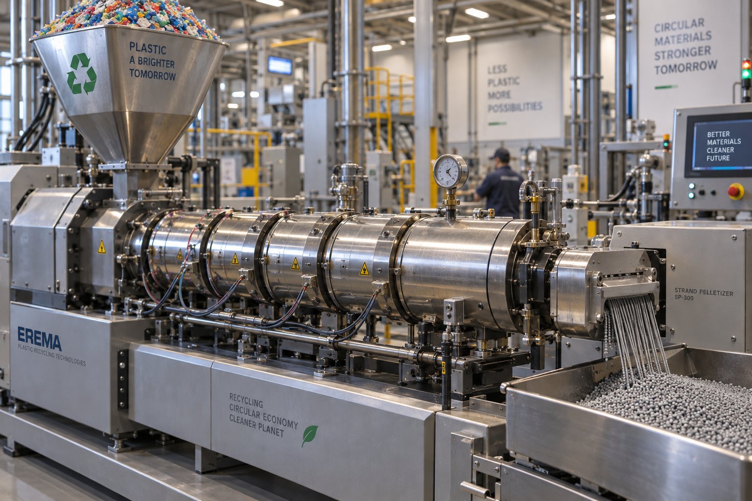 a plastic recycling extruder transforms shredded waste flakes into uniform pellets ready for remanufacturing