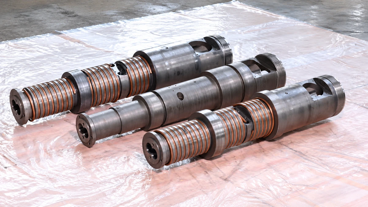 Three conical twin-screw barrels displayed side by side on protective wrapping.
