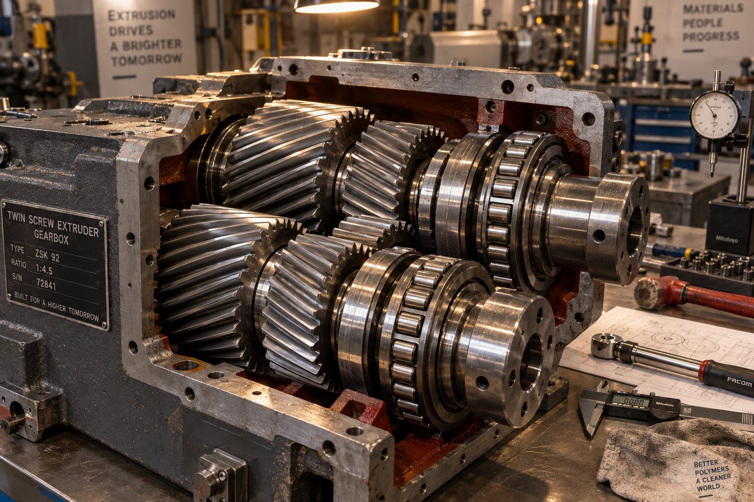 precision ground gearbox internals of a twin screw extruder torque density and bearing quality are key differentiators between manufacturer tiers