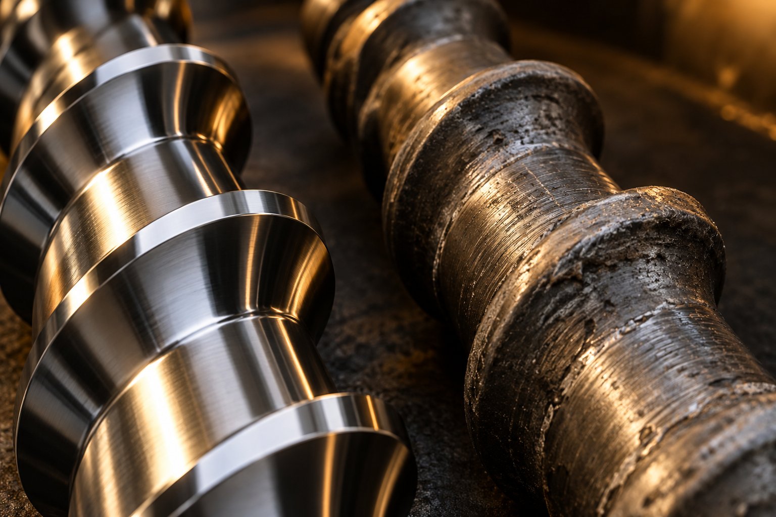 comparison of a new coated screw flight versus a worn flight illustrating the impact of abrasive wear on screw geometry over time