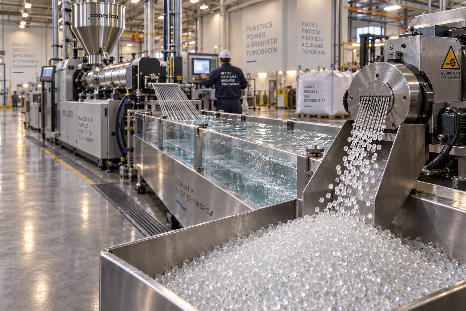 a complete plastic pelletizing line converting molten polymer into uniform pellets through extrusion cooling and precision cutting