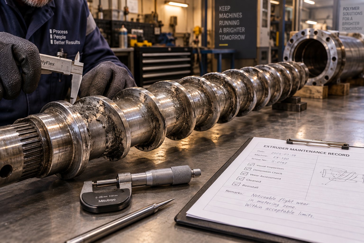 technician inspecting an extruder screw during preventive maintenance on a film extrusion line